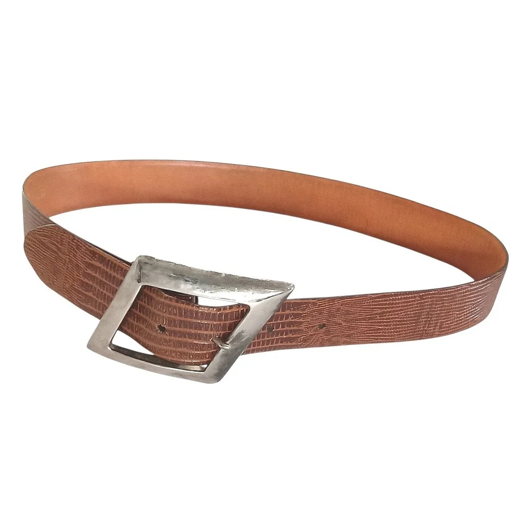 Catherine Delaunay Leather Belt Brown Lizard Embossed USA Medium‎ Vintage 90s